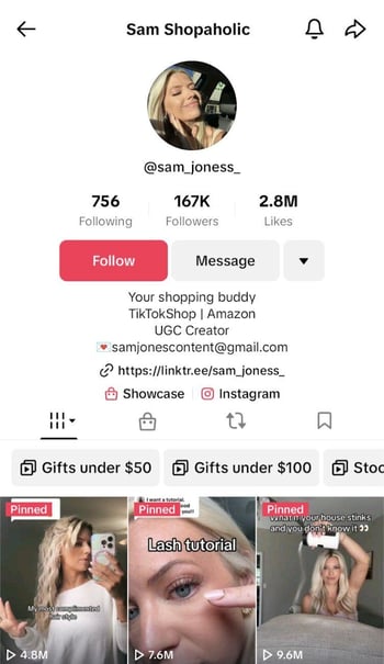example of creator profile with tiktok shop enabled
