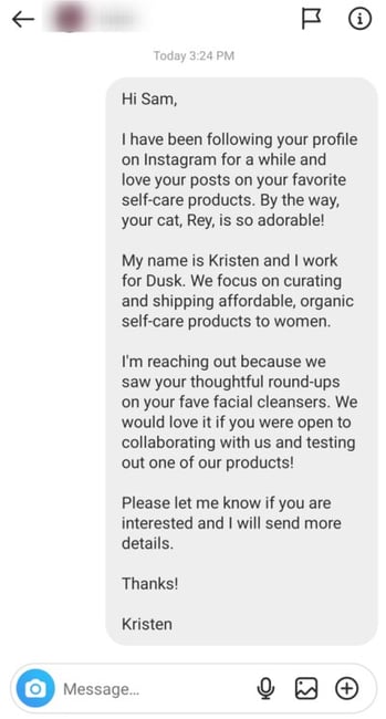 instagram outreach example via dm