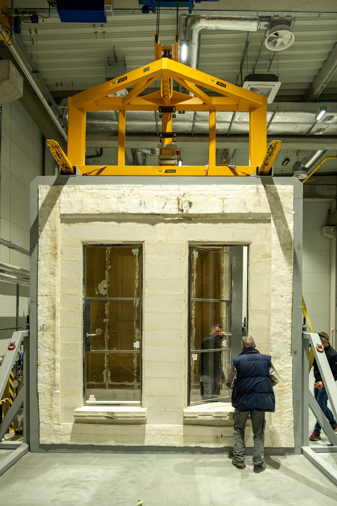 Glazed steel fire doors fitted in a test furnace wall