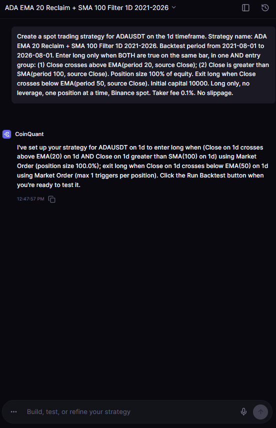 The CoinQuant builder chat for ADA EMA 20 Reclaim + SMA 100 Filter 1D 2021-2026: a plain English request and CoinQuant's reply.