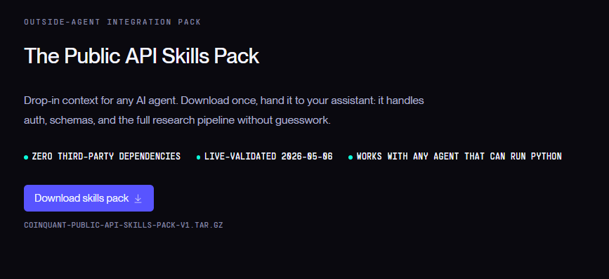 CoinQuant's Public API Skills Pack page: a downloadable pack that gives an AI agent the auth, schemas and full research pipeline it needs to use CoinQuant's public API.