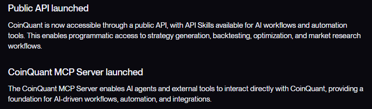 CoinQuant's changelog for May 25, 2026, with the entries "Public API launched" and "CoinQuant MCP Server launched"