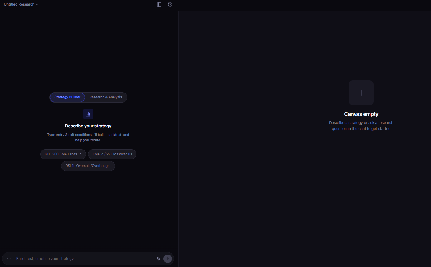 Building a strategy in CoinQuant: type the entry and exit rule in plain English, and the AI turns it into testable conditions, with no coding required.
