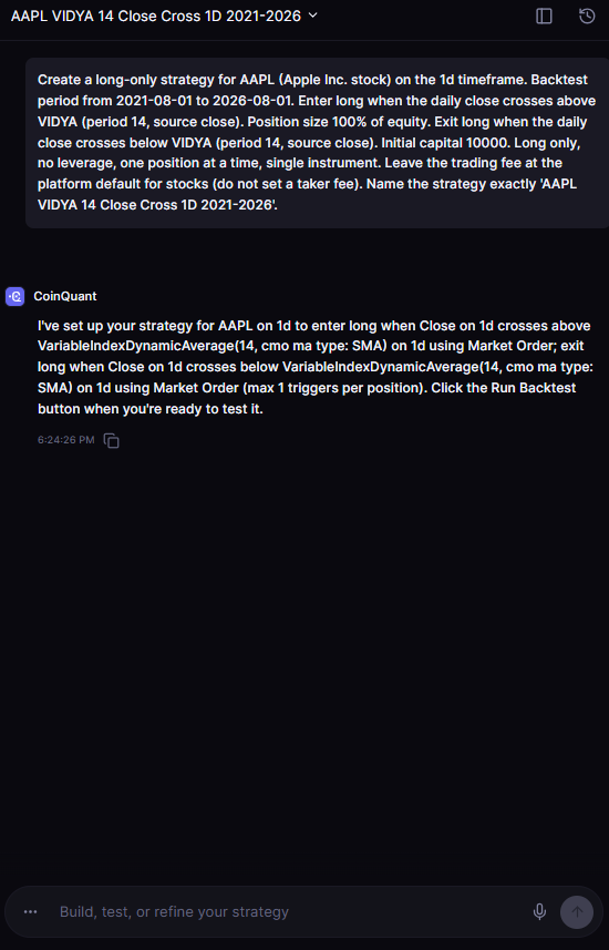The CoinQuant builder chat for AAPL VIDYA 14 Close Cross 1D 2021-2026: a plain-English request for a daily Apple stock rule and CoinQuant's reply describing the entry and exit rules.