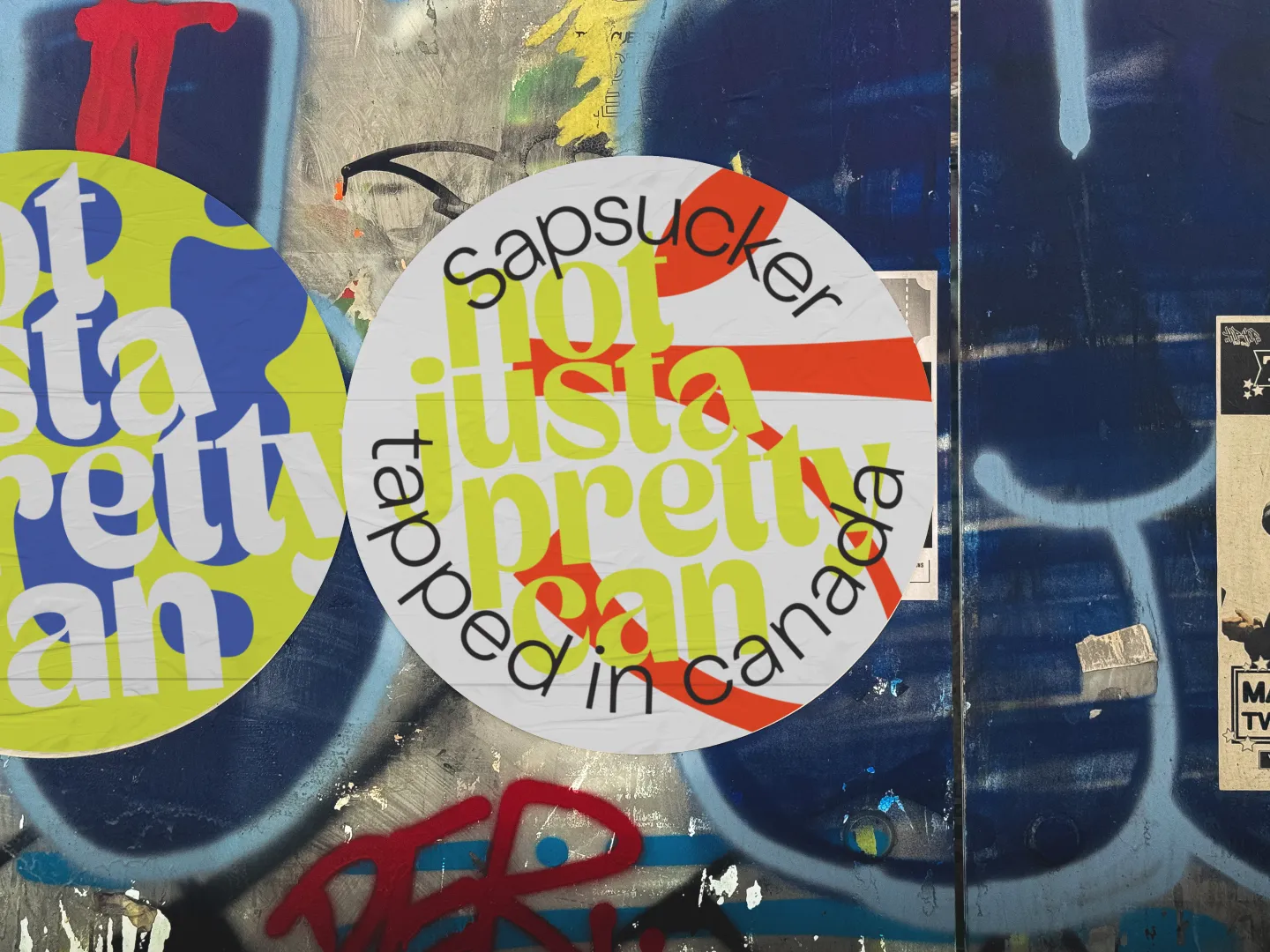 Stickers with the Sapsucker slogan “not just a pretty can” placed on a graffiti-covered wall.