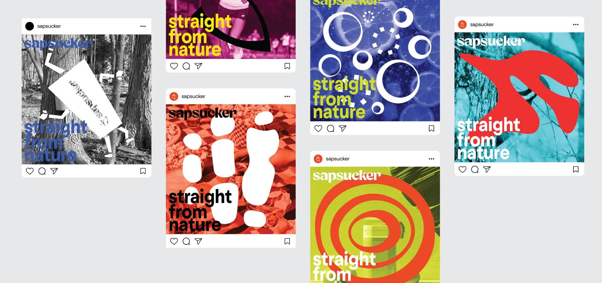 A collection of colorful Sapsucker Instagram posts featuring bold graphics and the “straight from nature” slogan.
