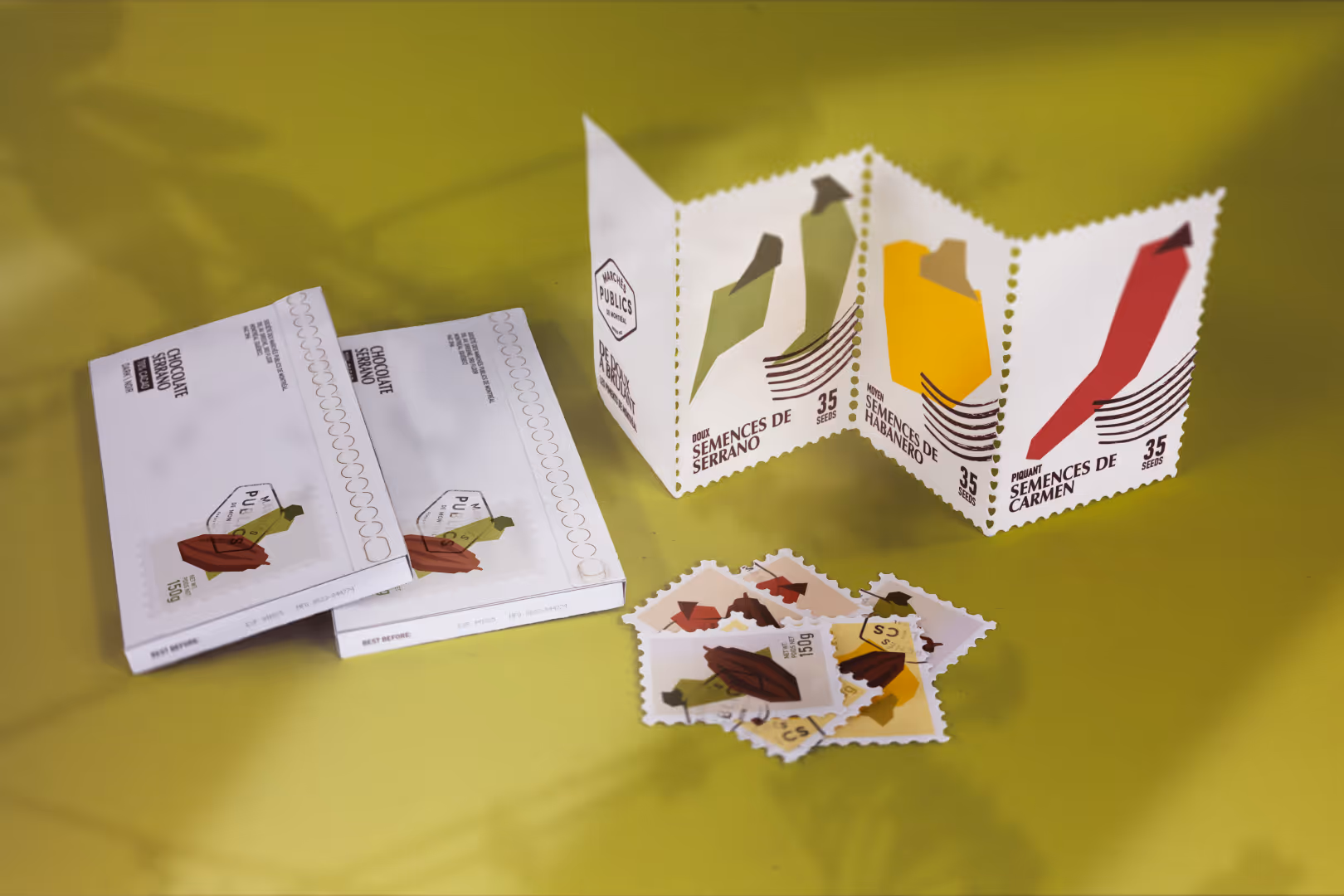 A display of seed packets styled like stamps, next to chocolate boxes styled like packaging. bold colors and minimalist illustrations on a green background.