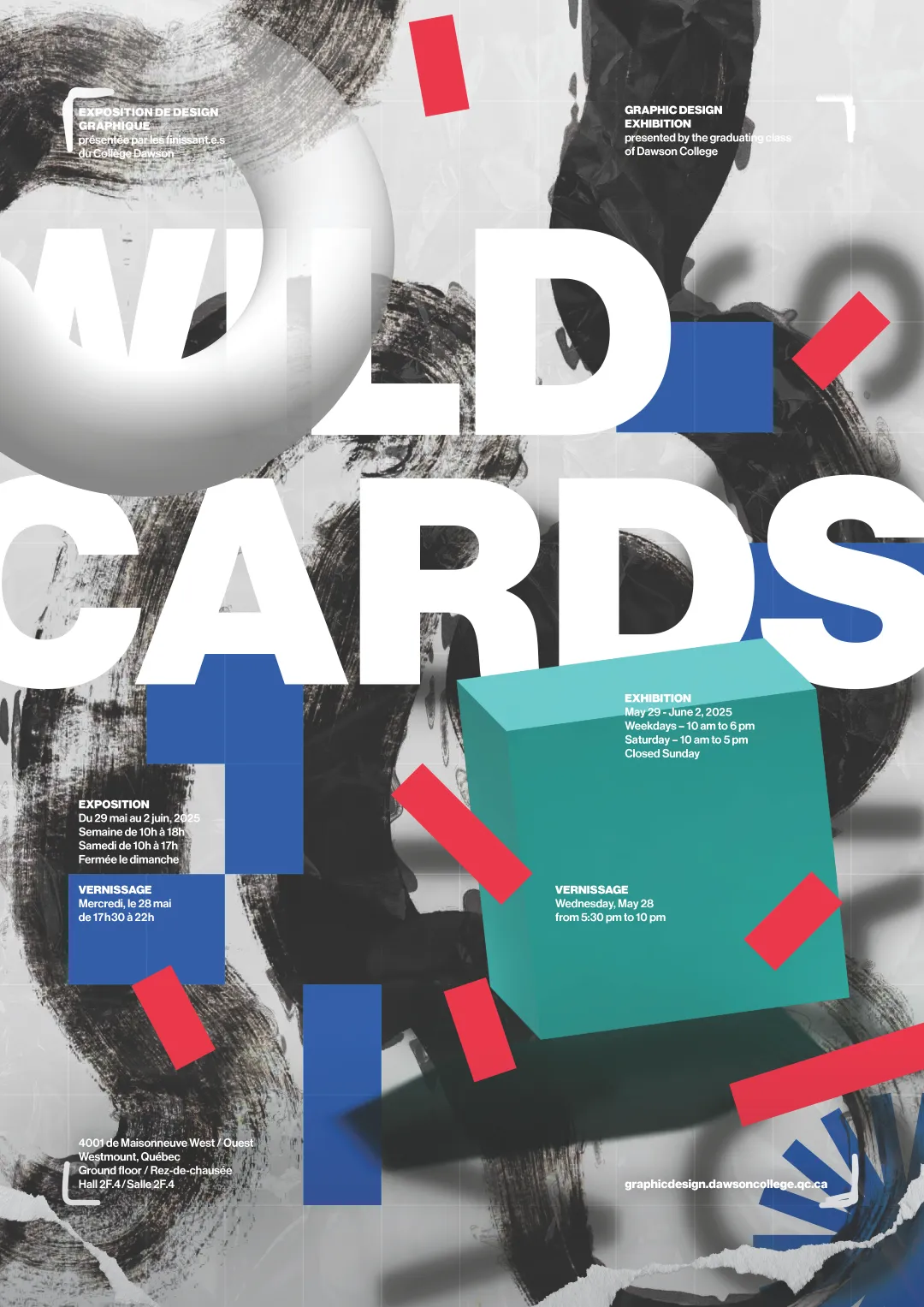 Final Wild Cards poster with bold text, abstract shapes, and exhibit details.