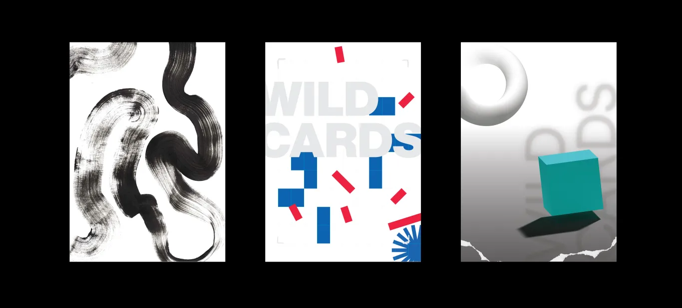 Three poster design steps for the Wild Cards exhibition poster.