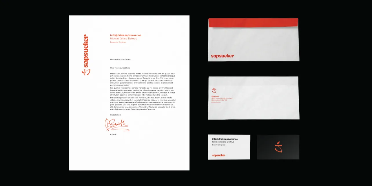 Branded Sapsucker stationery including letterhead, envelope, and business cards.