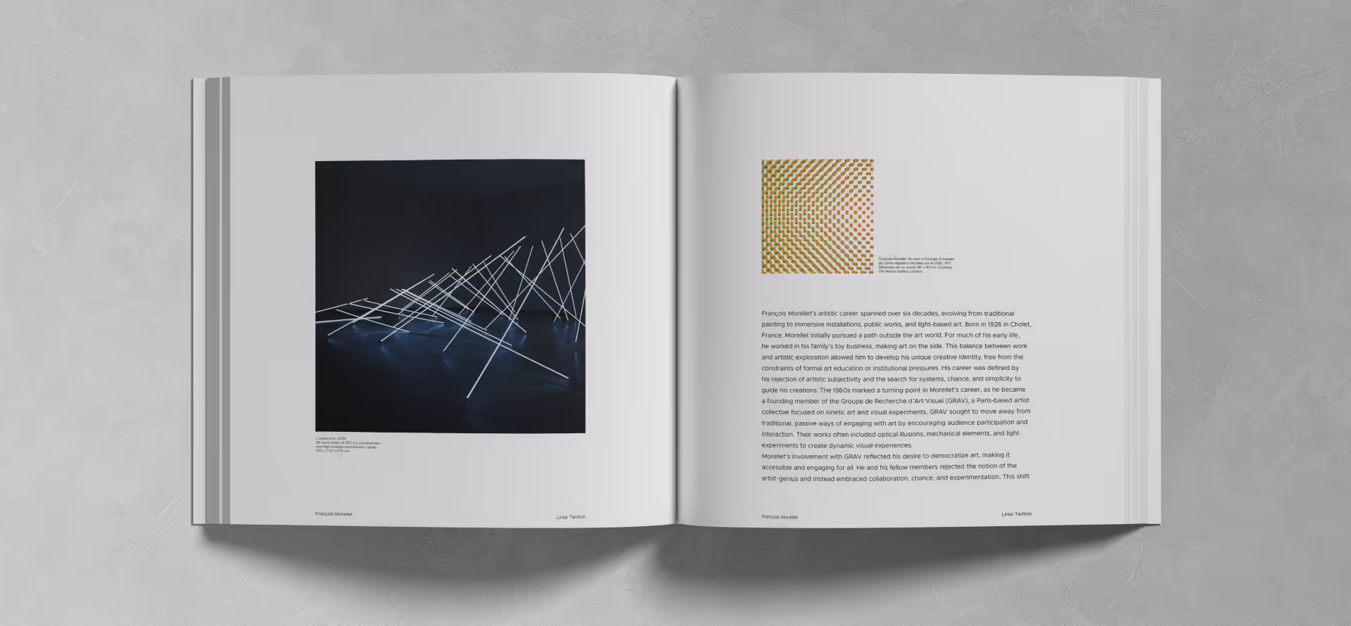 François Morellet book open to a page with a light installation photo and accompanying description.
