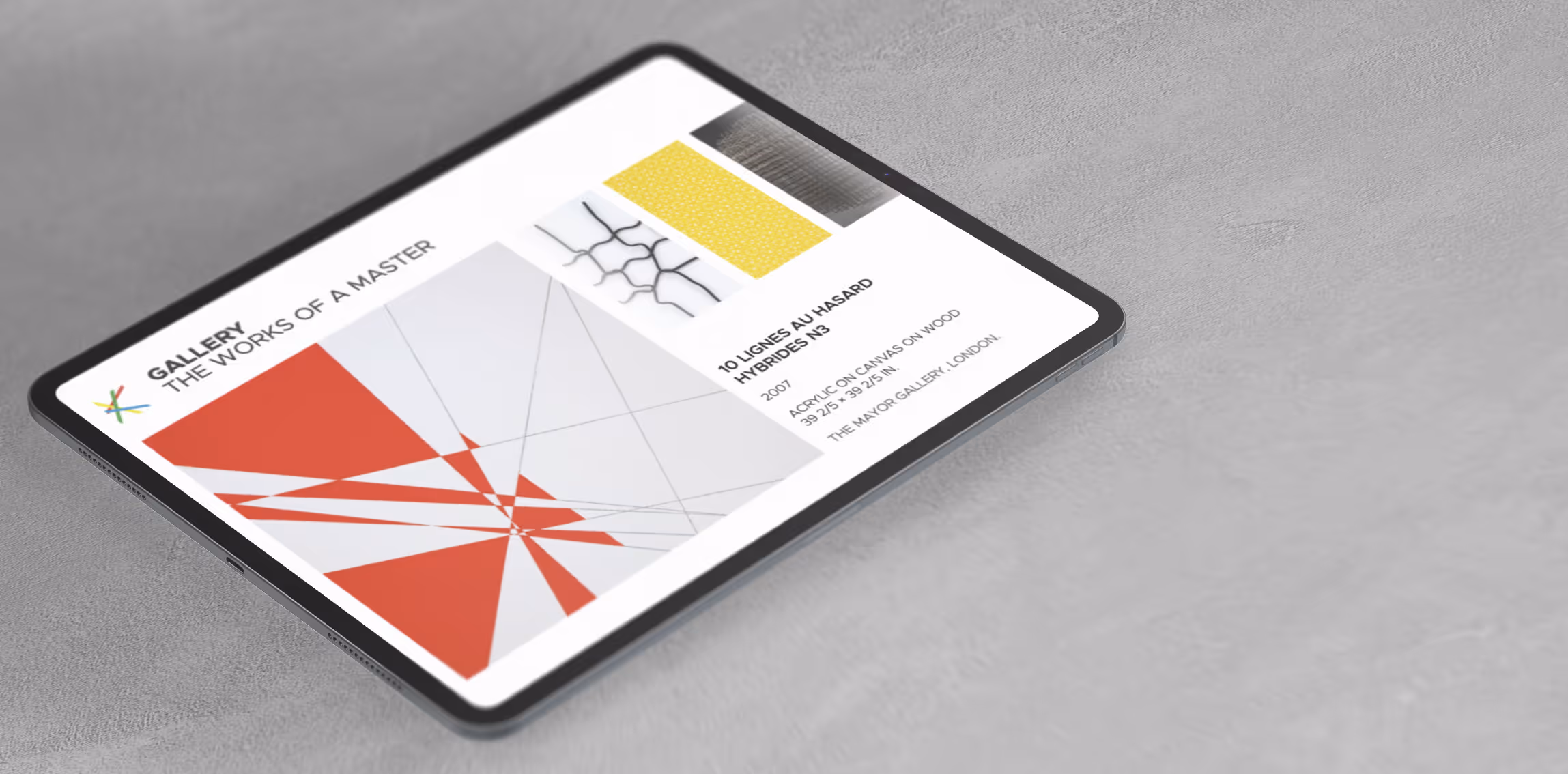 A tablet featuring François Morellet’s artworks on the screen.