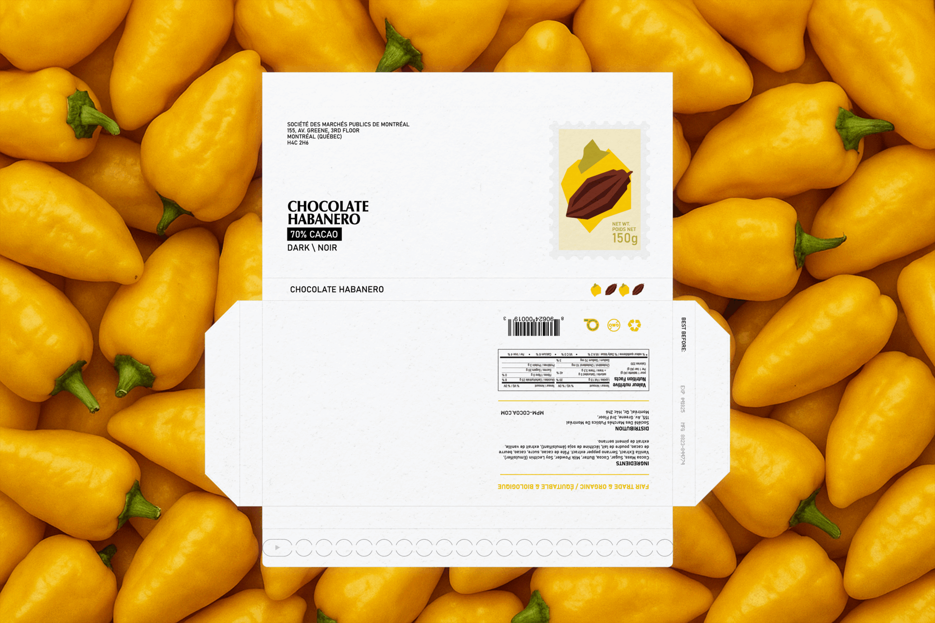 A GIF showcasing product packaging dieline against a background of peppers.