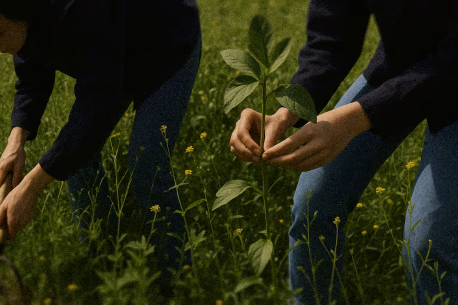 Close-up of two people planting young seedlings in a lush green field under natural light.