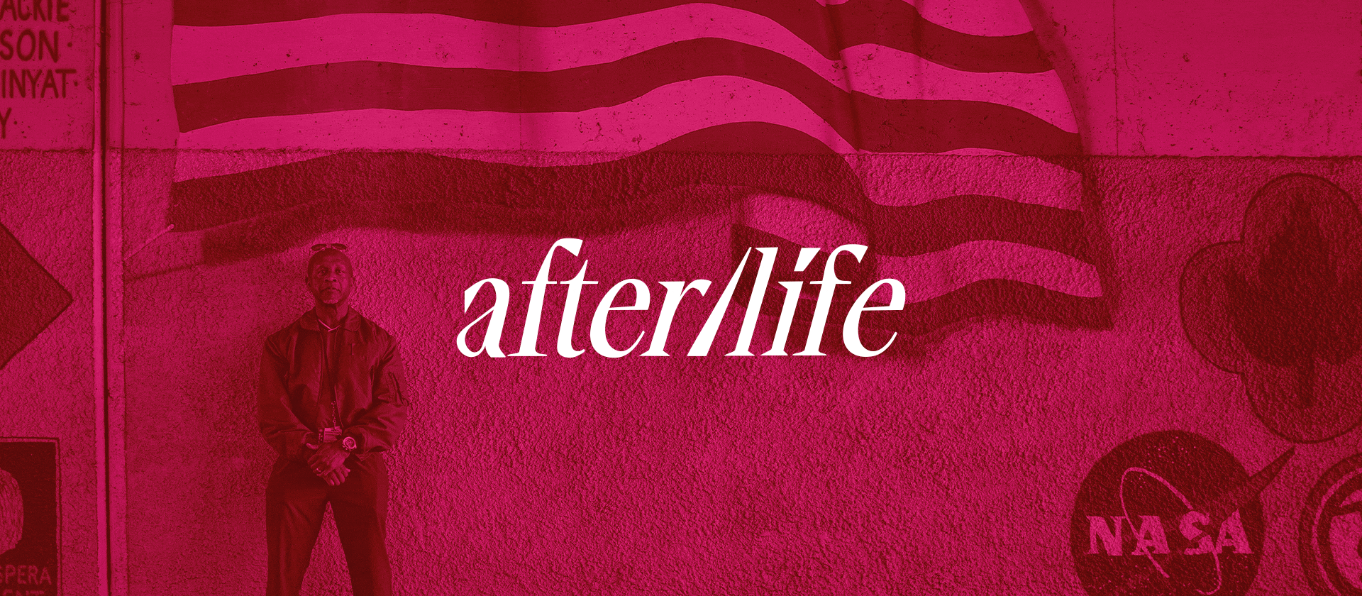 A GIF showing the afterlife logo and some photographs with a pink overlay.