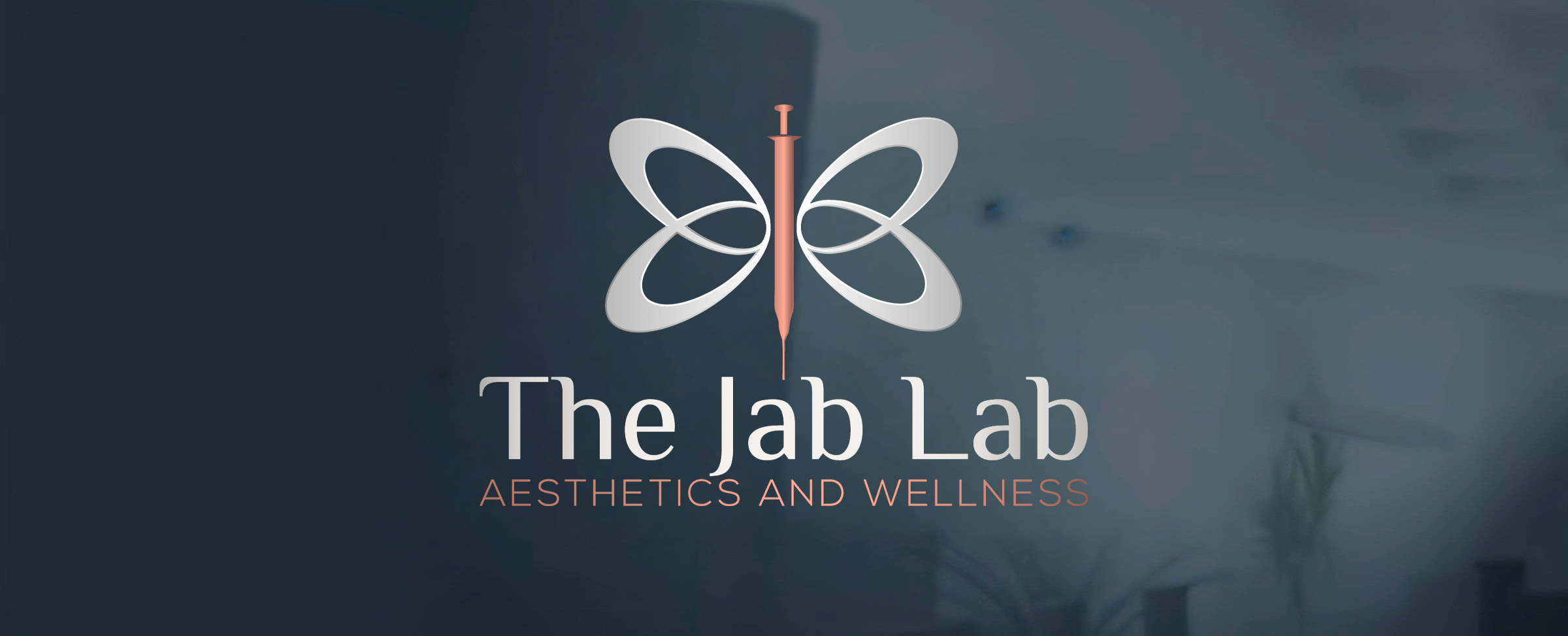 The Jab Lab logo with a butterfly design incorporating a syringe, accompanied by the text 'AESTHETICS AND WELLNESS'.