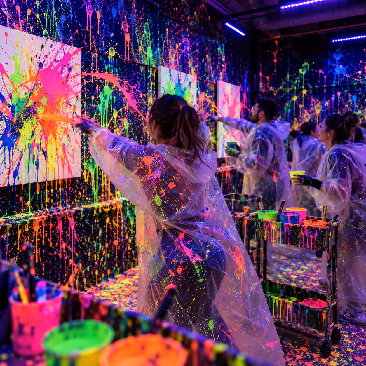 Des personnes portant des ponchos transparents éclaboussent des toiles blanches avec de la peinture néon colorée sous lumière noire dans une salle immersive où murs et sols sont aussi couverts de taches de peinture fluorescente.