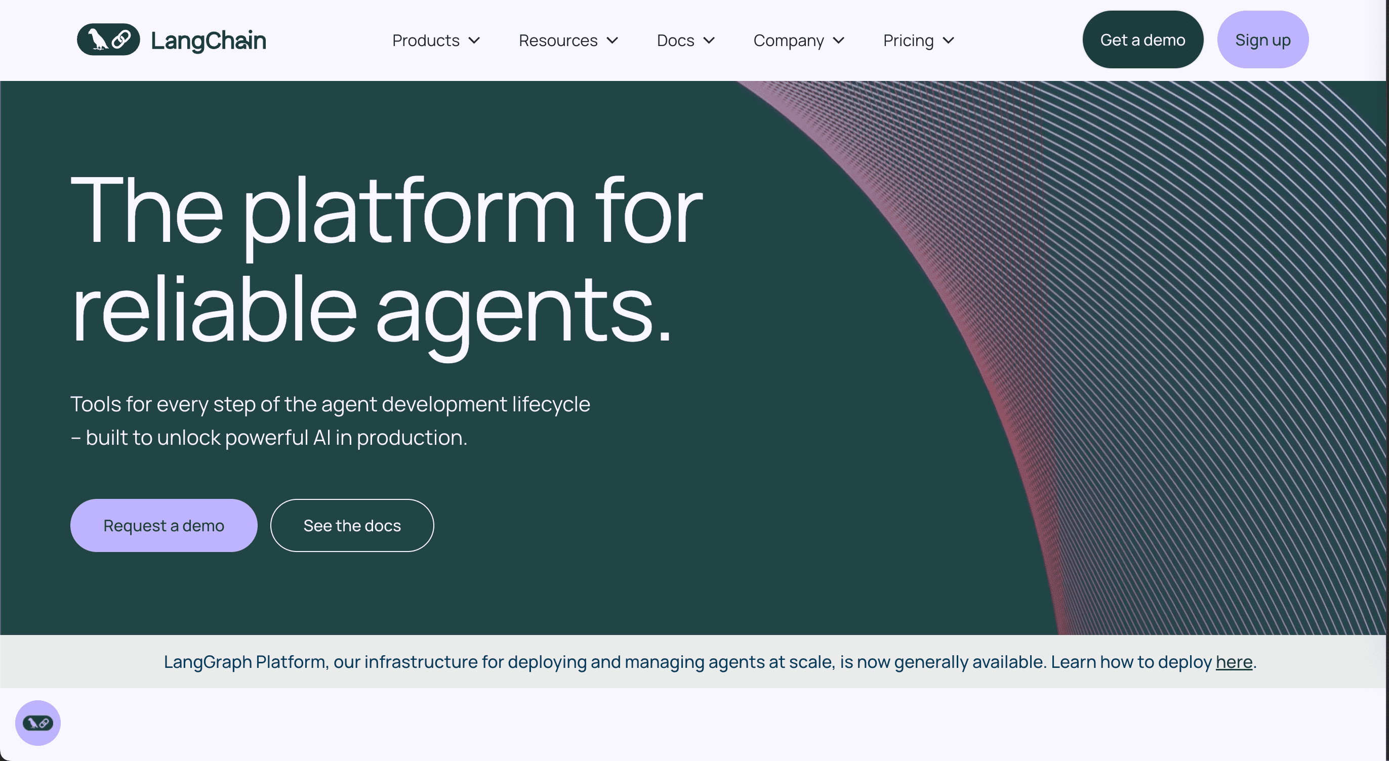 Screenshot of the homepage for LangChain. The homepage as the title text of 'The platform for rliable agents.'  on it. 