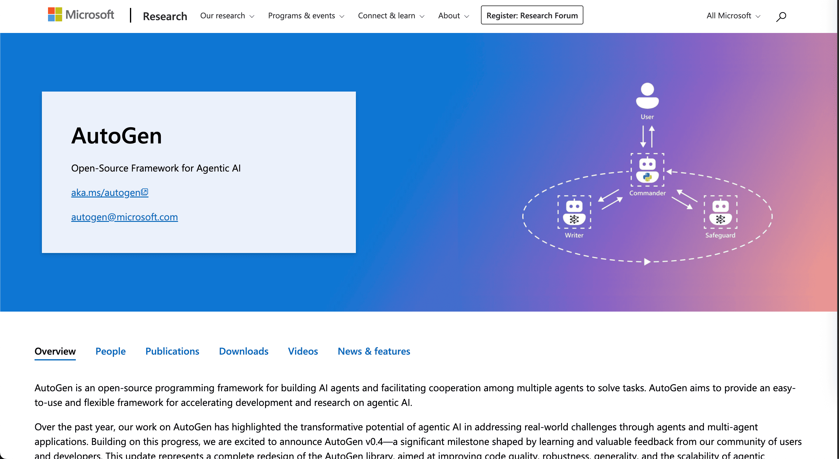 Screenshot of the homepage for Microsfot's AutoGen.