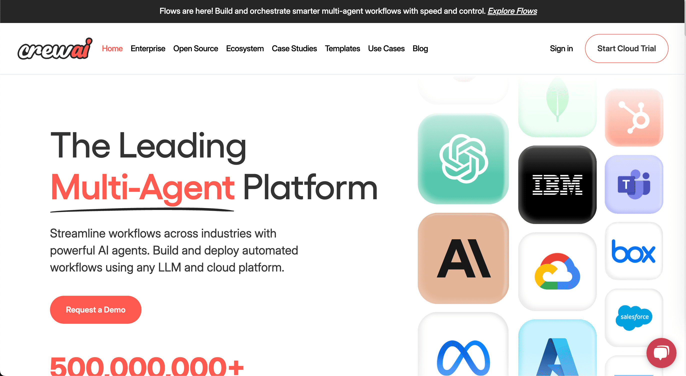 Screenshot of the homepage for CrewAI. The homepage has the title text of 'The Leading Multi-Agent Platform' on it. 