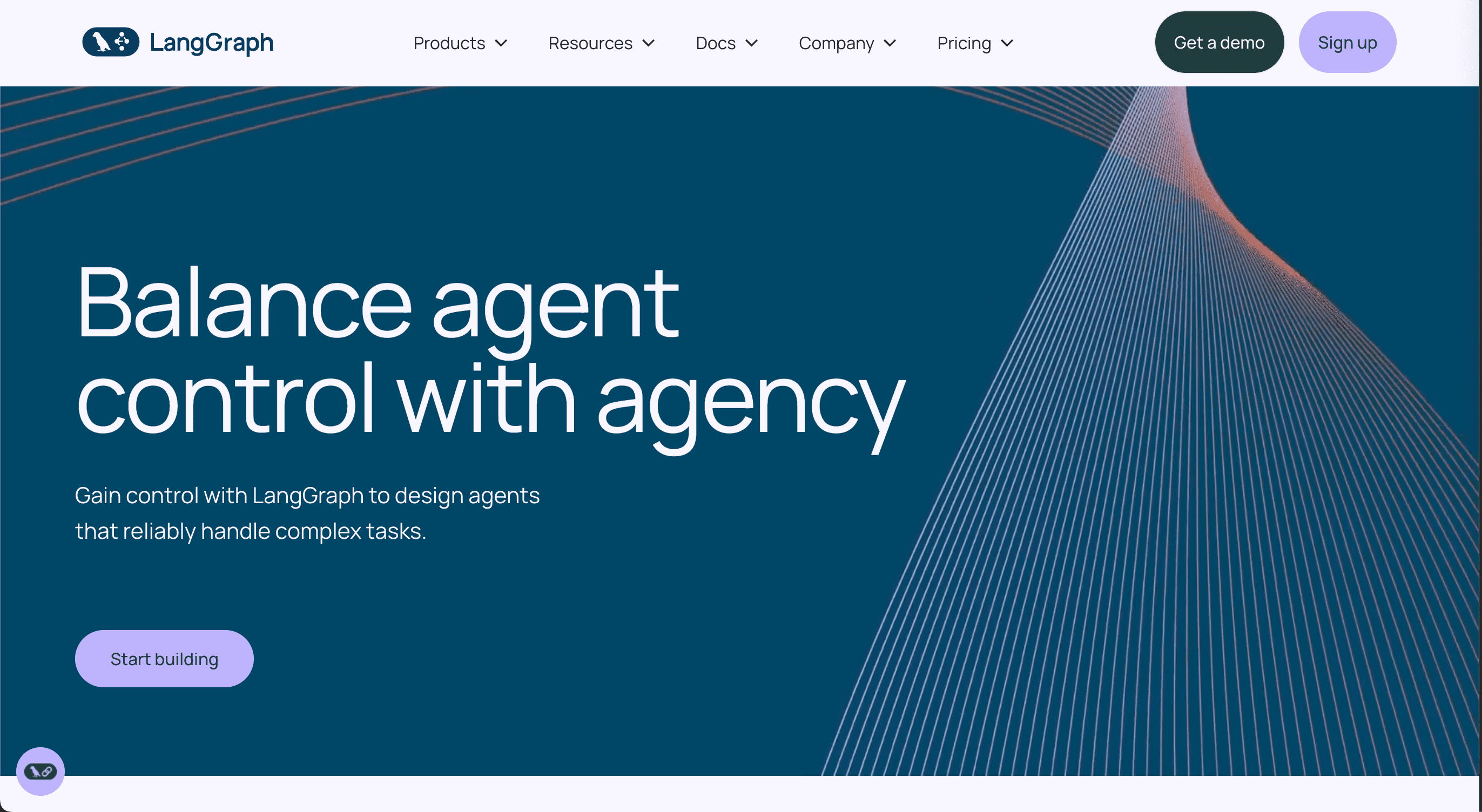 Screenshot of the homepage for LangGraph. The homepage has the title text of Balance agent control with agency.