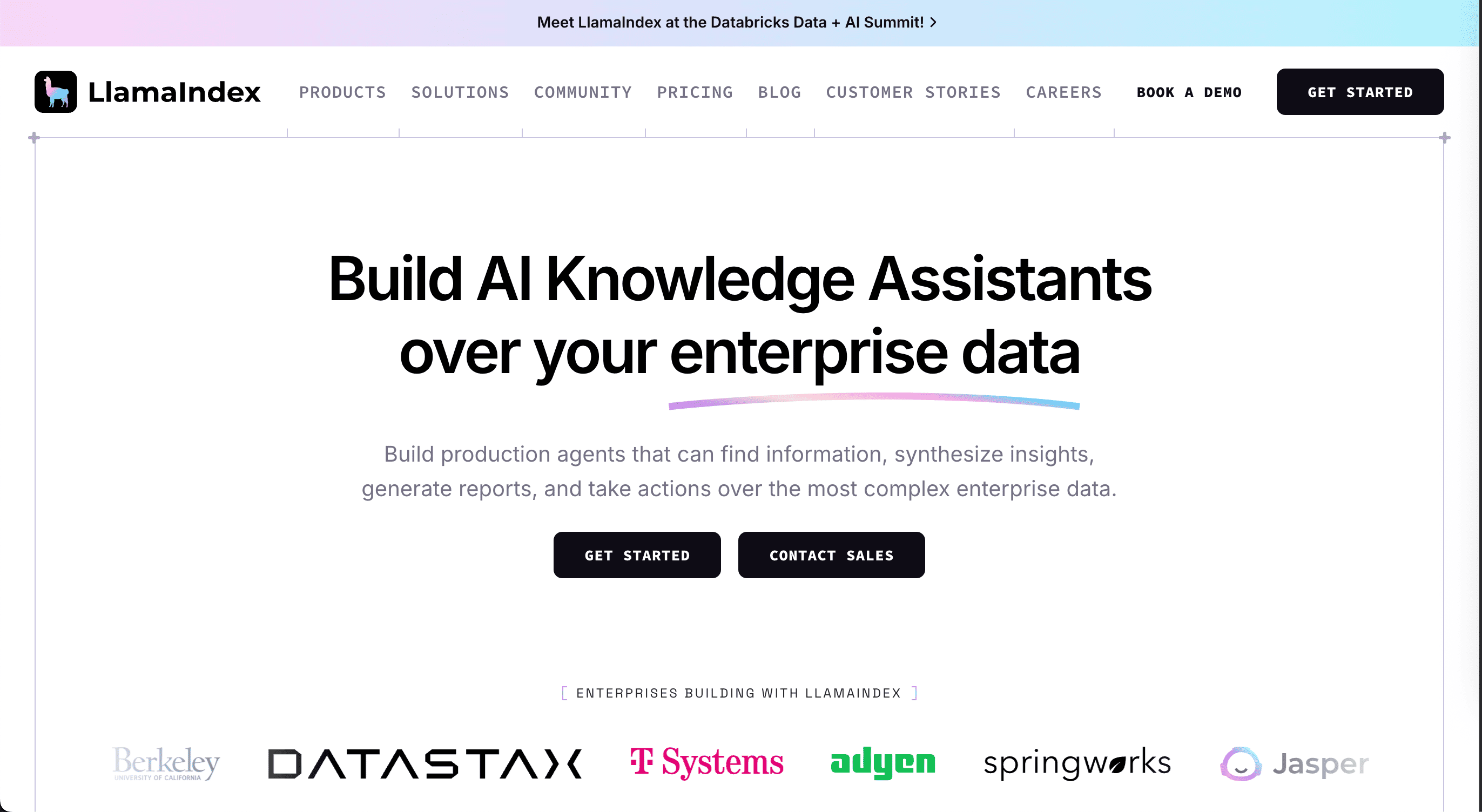 Screenshot of the homepage for LlamaIndex. The homepage has the title text of "Build AI Knowledge Assistants over your enterprise data.