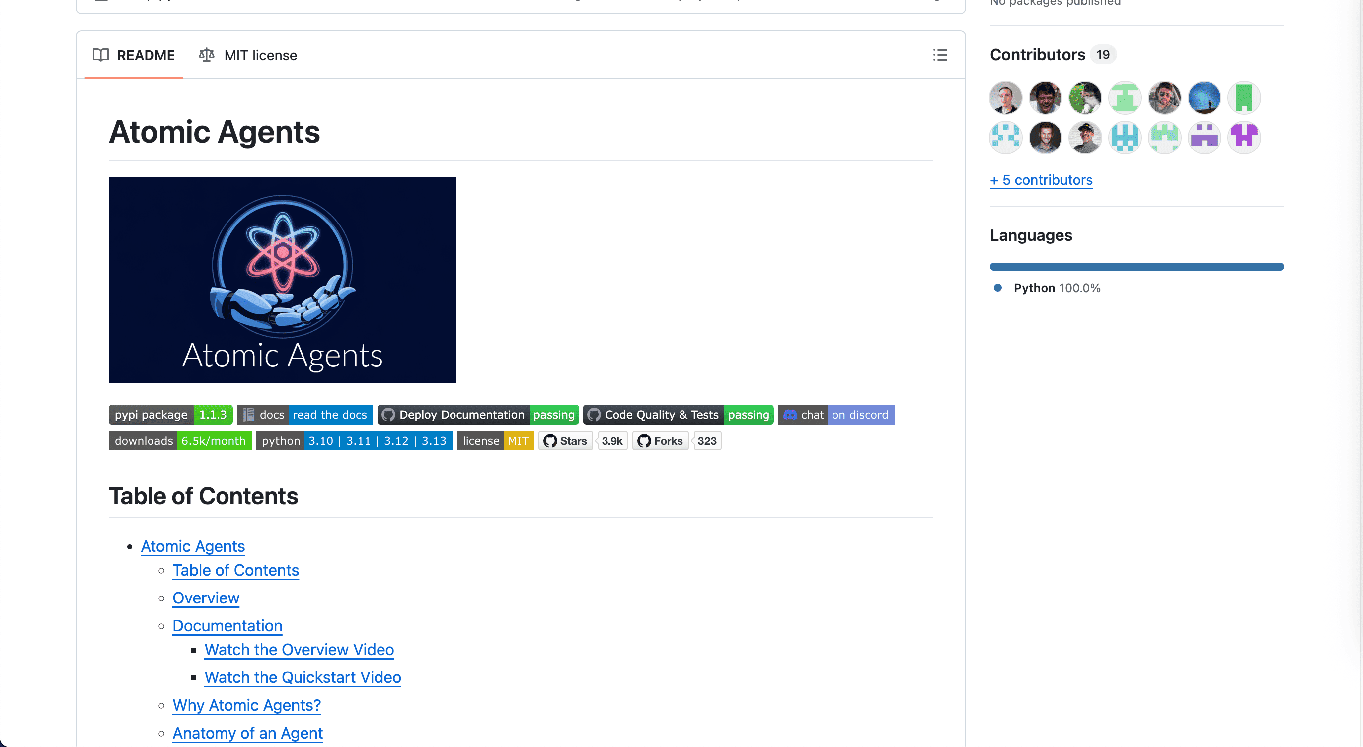 Screenshot for Atomic Agent's GitHub repository. The image has the logo for Atomic Agents. 