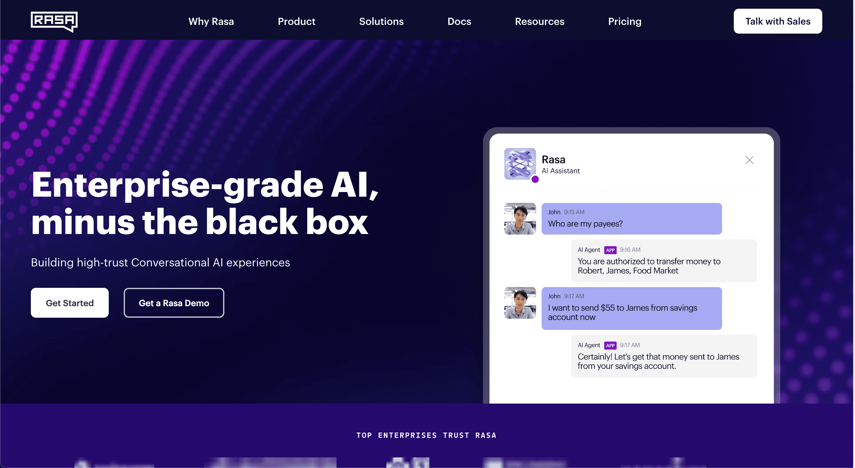 Screenshot of the homepage for Rasa. Text on the image is Enterprise-grade AI, minus the black box. 