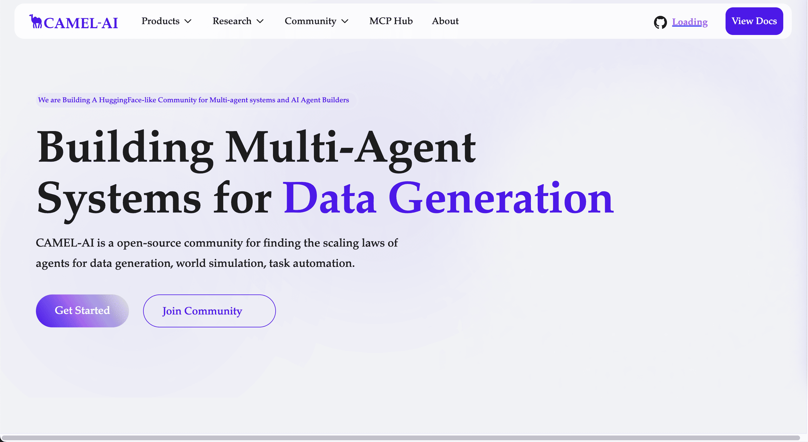 Screenshot of the homepage for Camel AI. The text on the image is Building Multi-Agent Systems for Data Generation.