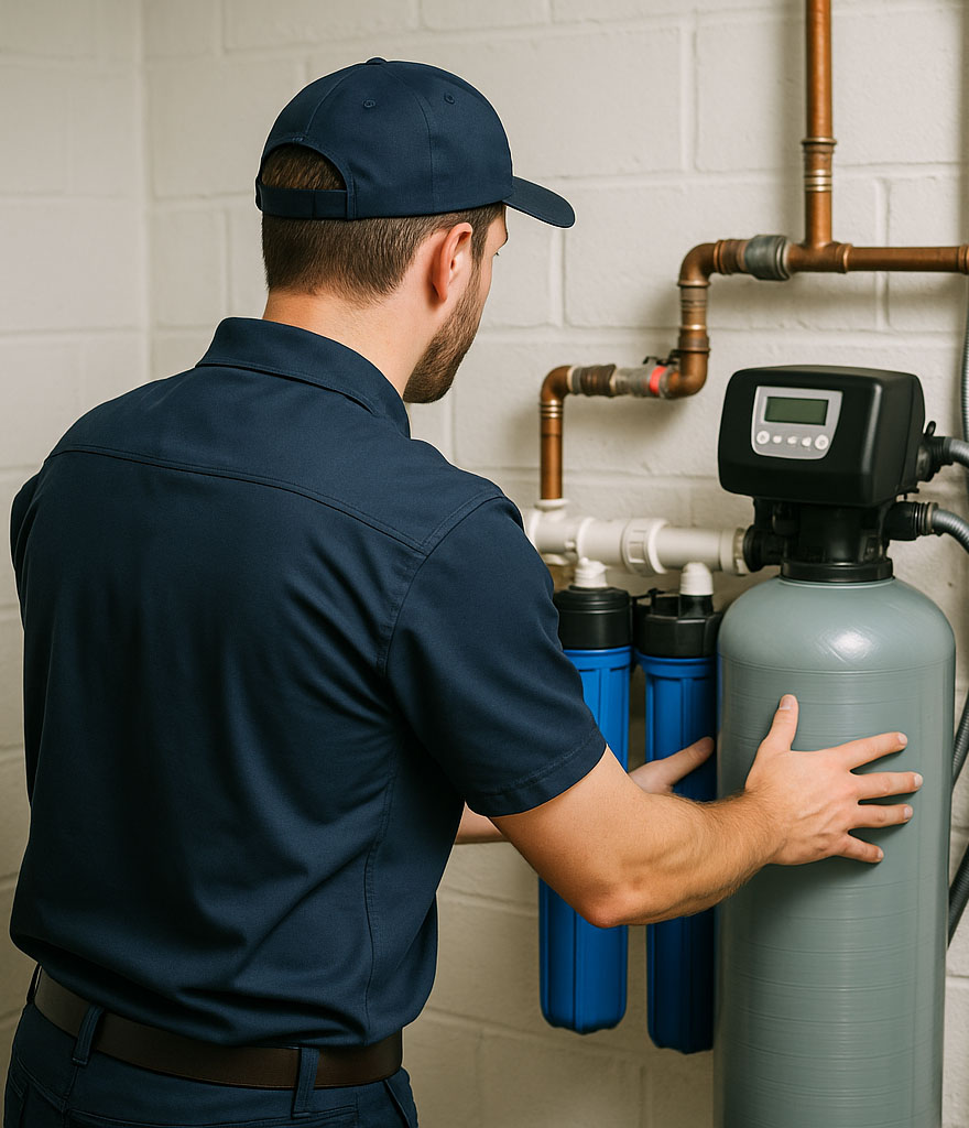 Technician servicing a home water treatment system