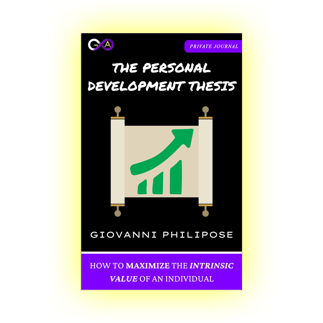 Book cover titled The Personal Development Thesis by Giovanni Philipose featuring a scroll with a green upward graph and subtitle on maximizing intrinsic value of an individual with a yellow background.