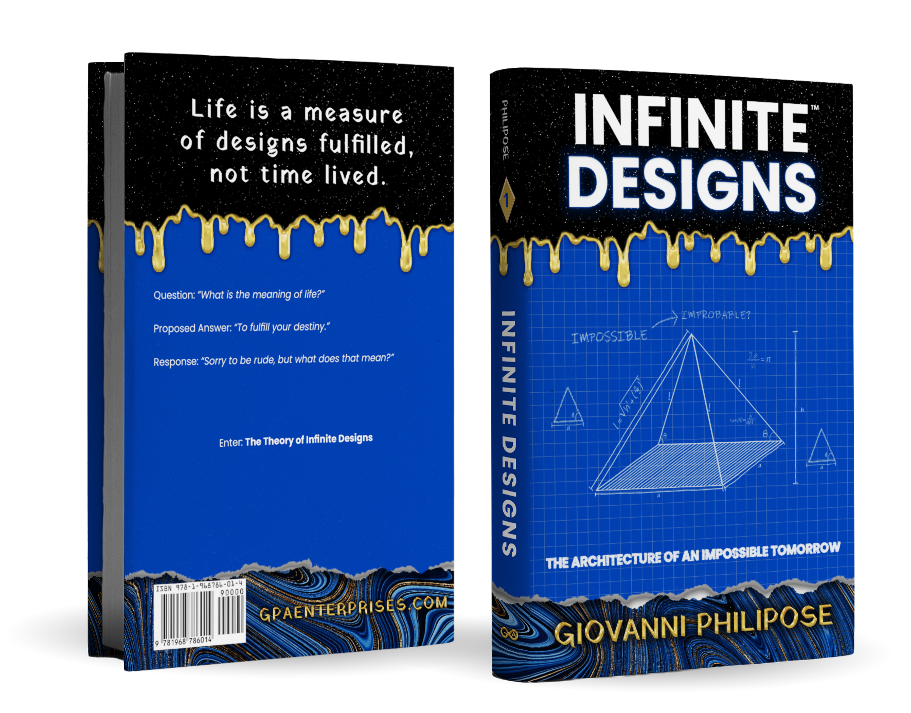 Book titled Infinite Designs by Giovanni Philipose with a blueprint of a geometric shape on the cover and a gold dripping design at the top.