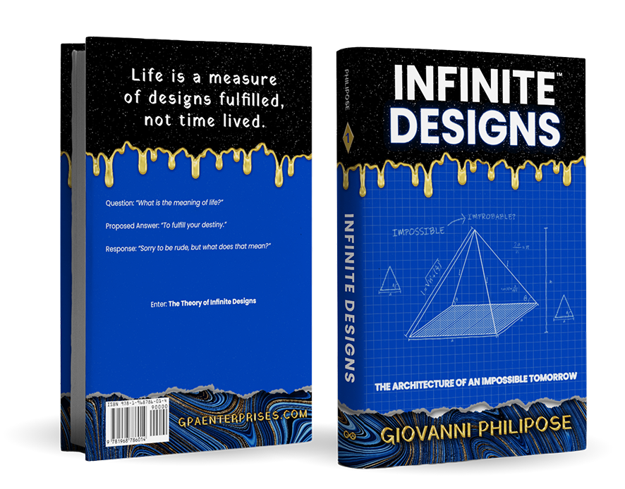 Book titled 'Infinite Designs' by Giovanni Philipose with a blueprint design and gold dripping paint effect on black and blue cover.