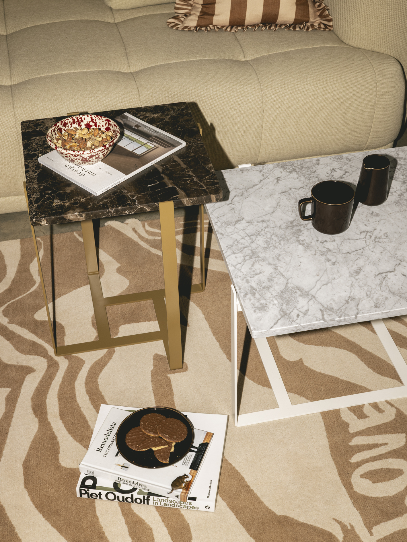 RMD SIDE + COFFEE TABLE BASE: MUSTARD + WHITE TOP: MARBLE 'EMPERADOR' + CARRARA’