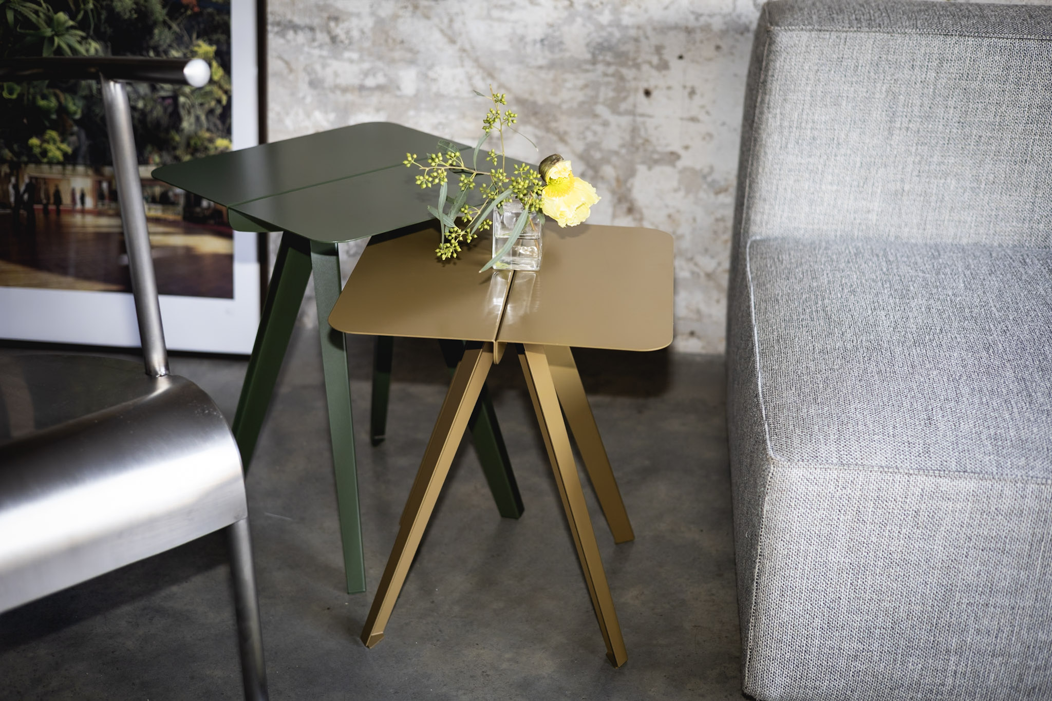 STREAM SIDE TABLE BASE + TOP: POWDER COATED STEEL 'OLIVE' + 'MUSTARD'