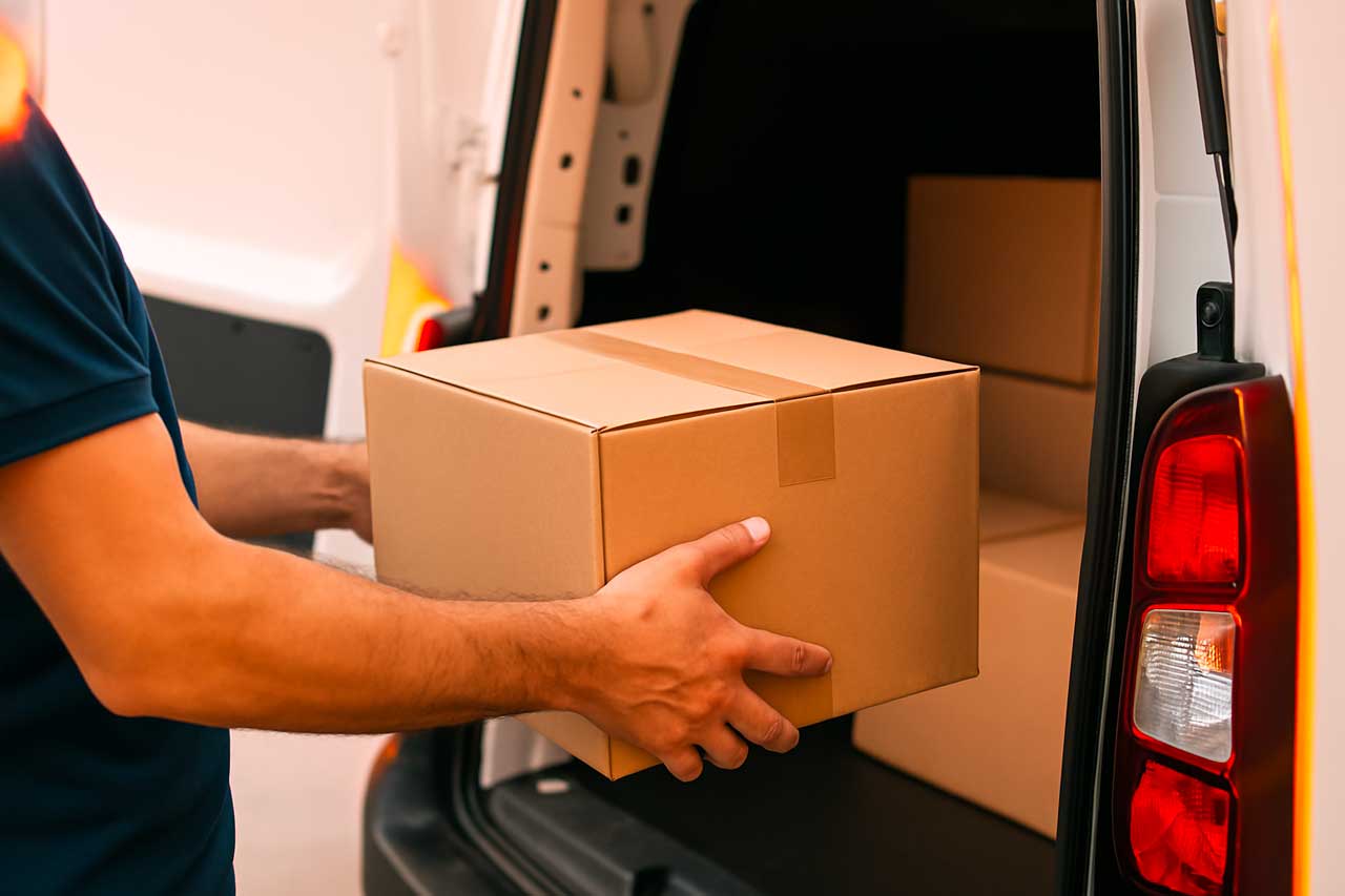Persona cargando una caja de cartón en la parte trasera de una furgoneta blanca abierta.