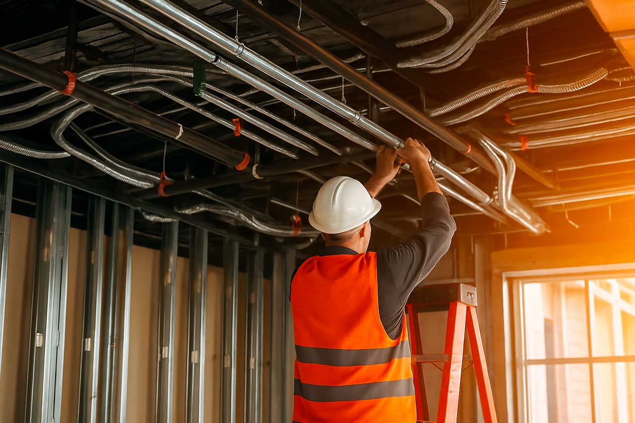 Trabajador con casco blanco y chaleco naranja instala tuberías metálicas en el techo de una construcción interior.