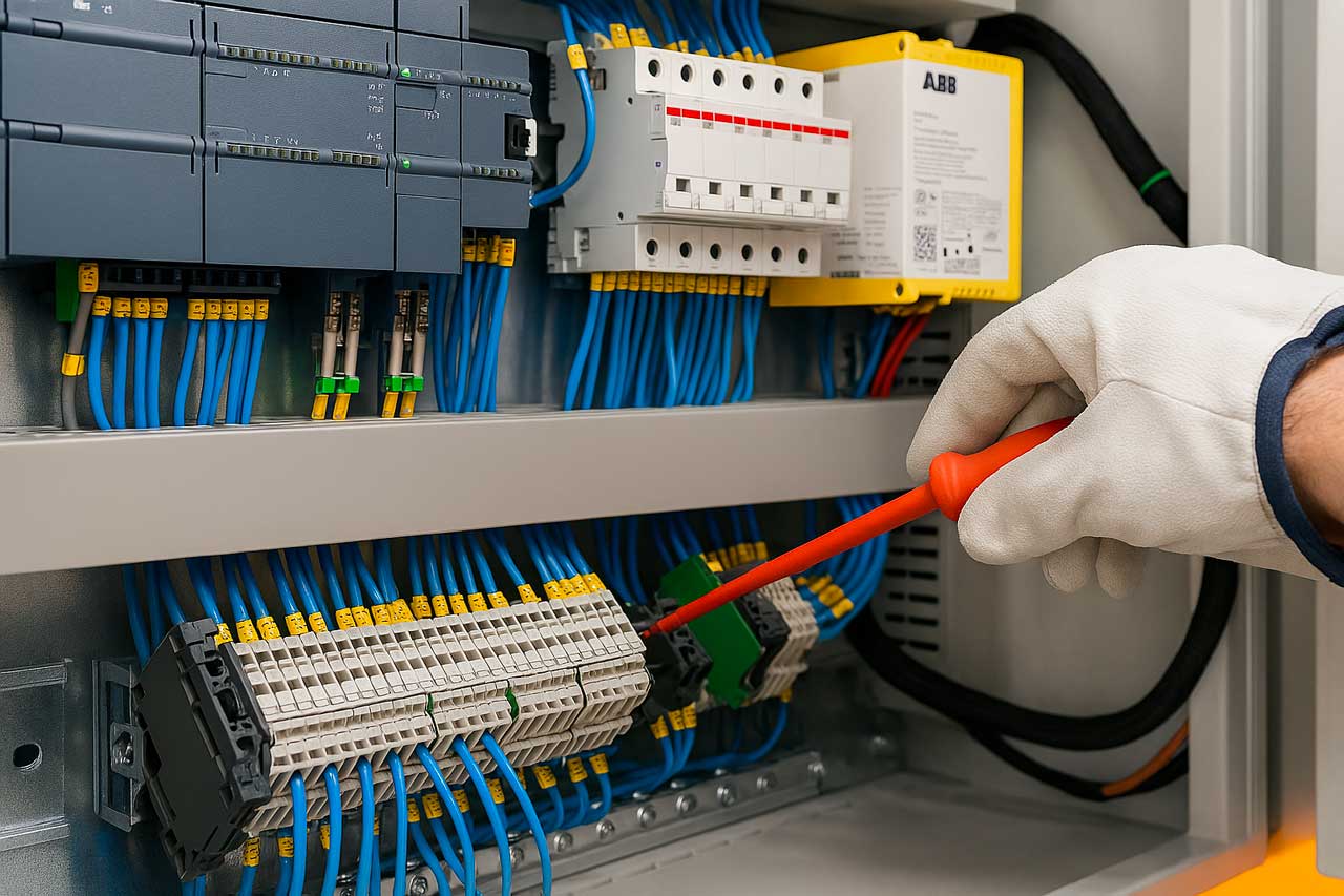 Mano con guante blanco usando un destornillador de mango rojo para trabajar en un panel eléctrico con cables azules y componentes ABB.