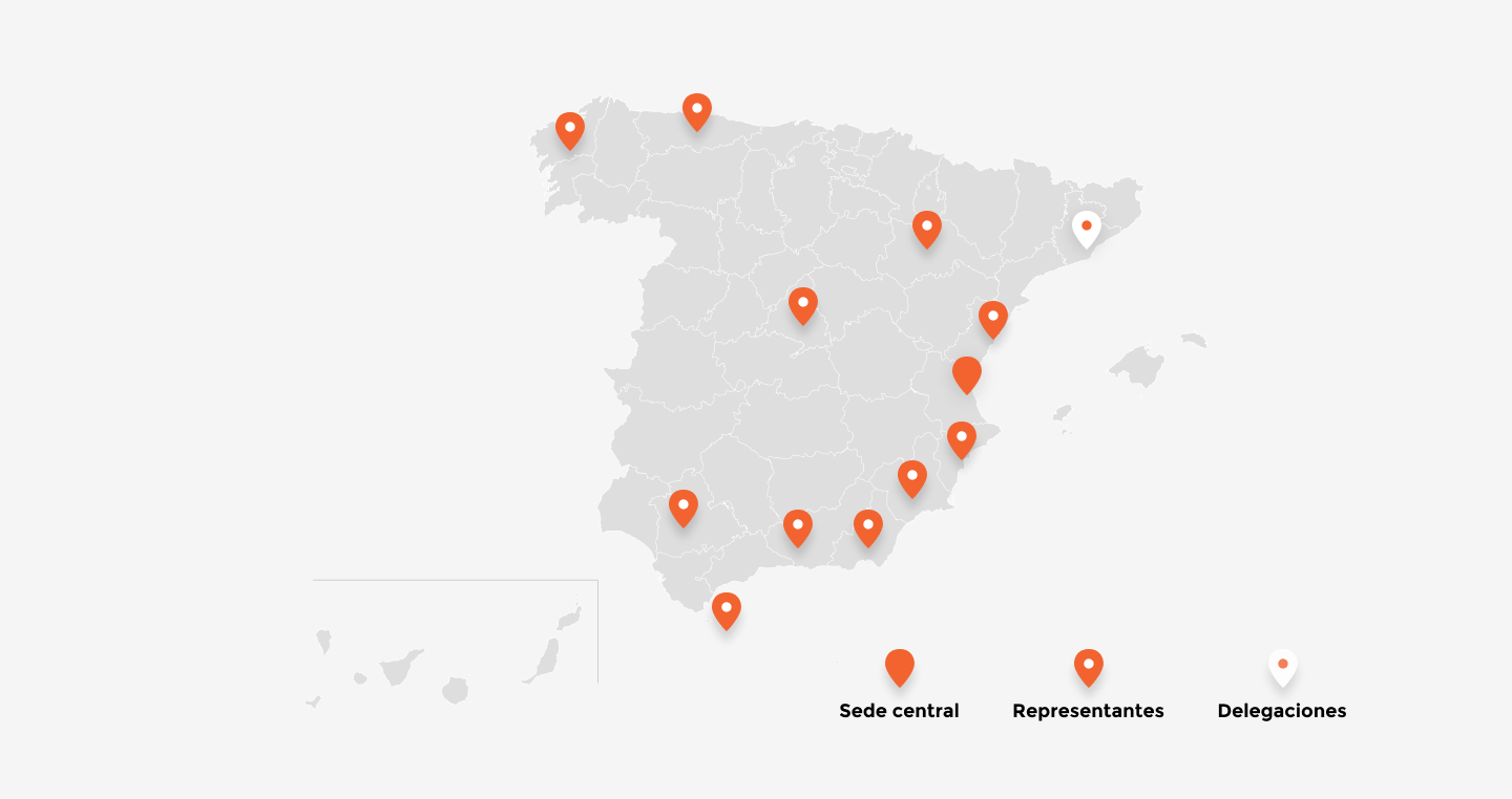 Mapa de España con marcadores que indican la sede central, representantes y delegaciones de Boxtar.