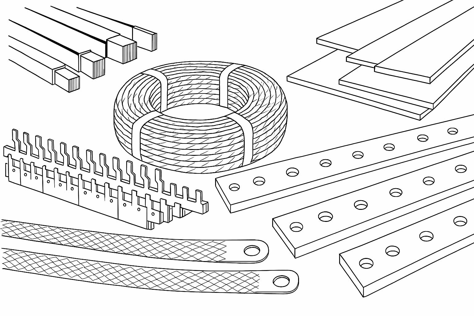 Illustration of various electrical components including copper strips, metal plates with holes, a coil of wire, and braided grounding straps.