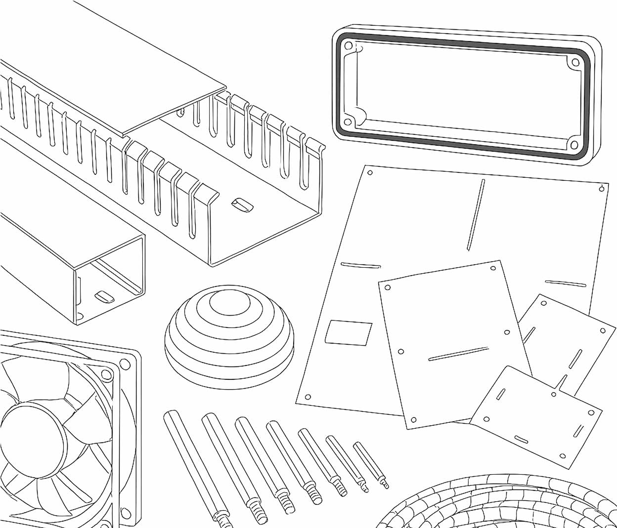 Line drawing of various mounting accessories including slotted metal channels, mounting plates, screws, ventilation fan, cable cover, and a coiled cable protector.