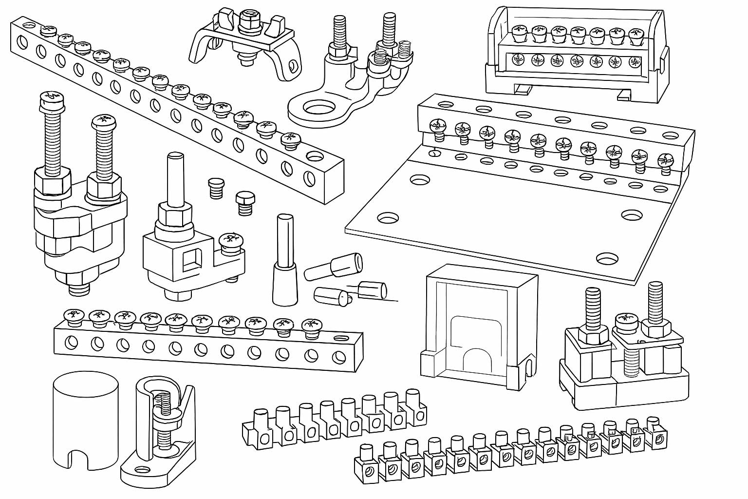 Line drawing of various electrical connection and terminal blocks components with screws and clamps.