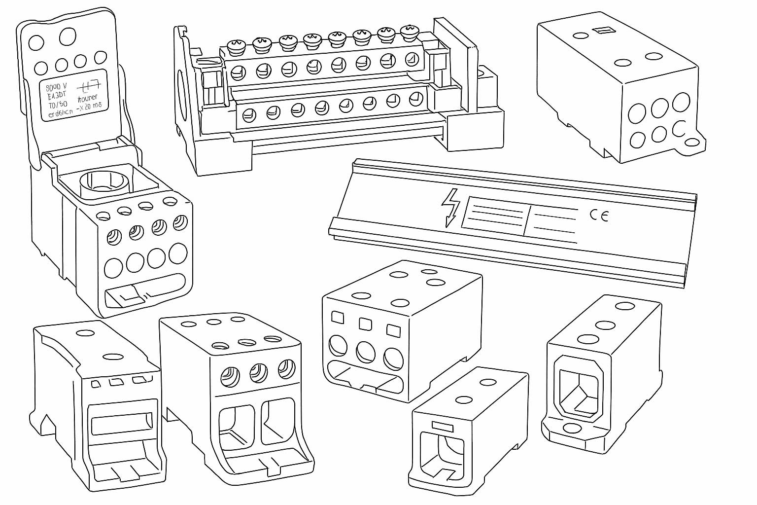 Line drawing of various electrical terminal blocks and connectors for wiring.