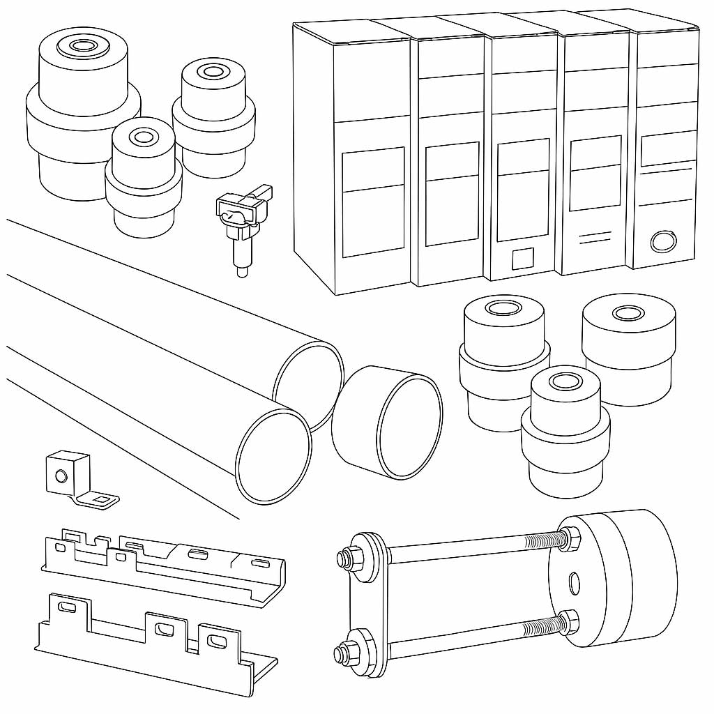 Line drawing of various mechanical parts including cylindrical components, pipes, metal brackets, and a bolt assembly.