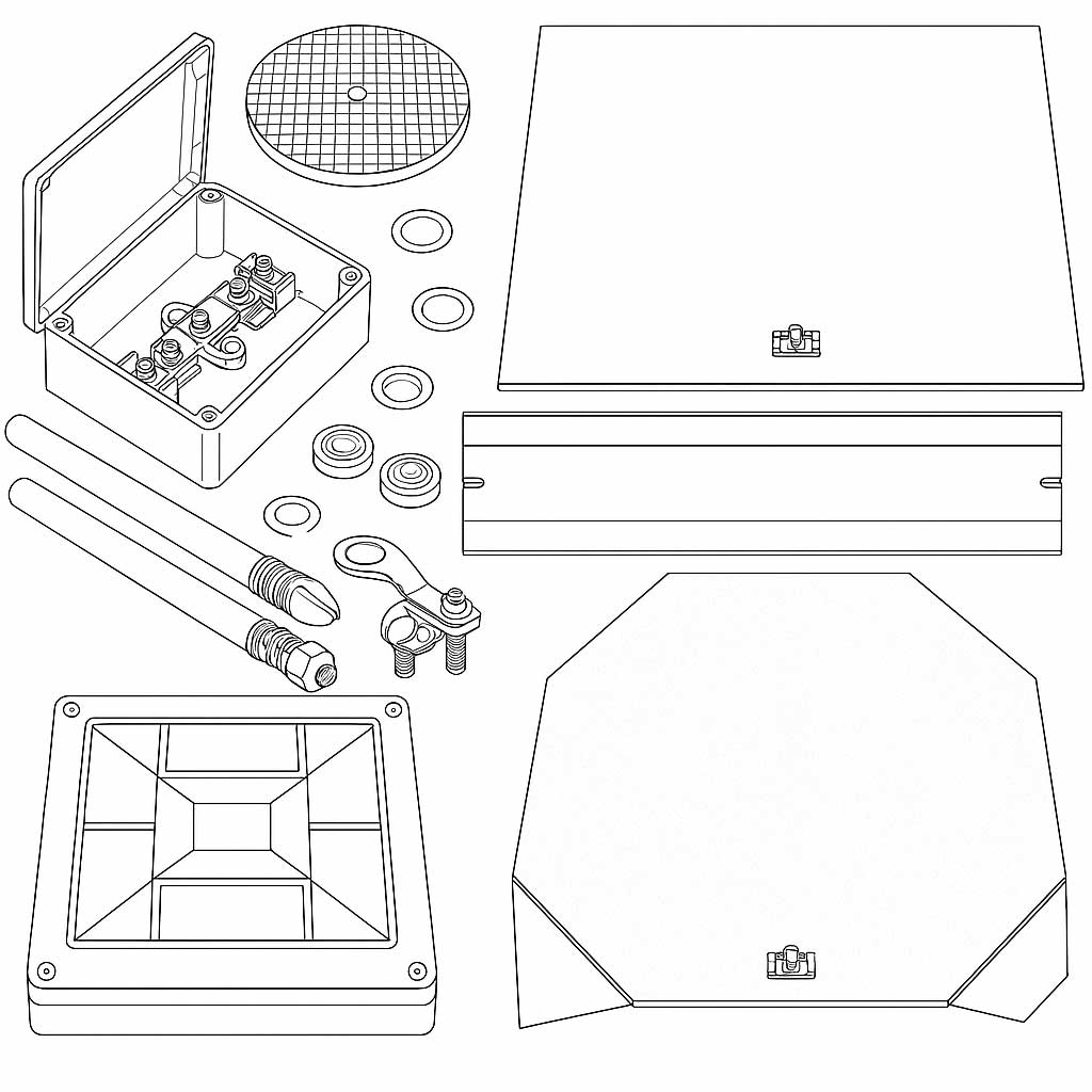 Line drawing showing an assortment of mechanical and electrical components including terminal box, cables, washers, clamps, and devices with different shapes like circular, rectangular, and octagonal.