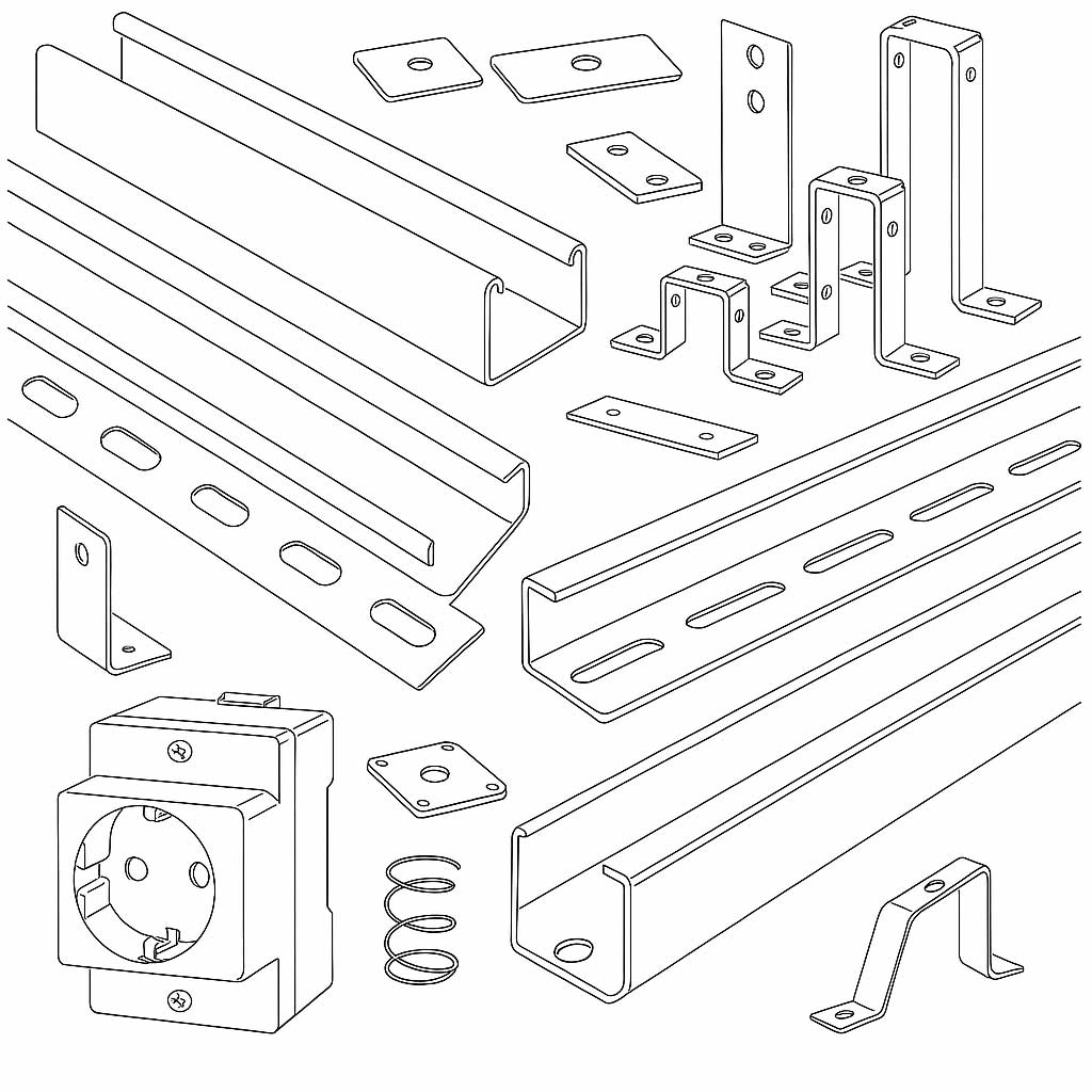 Line drawing of various metal brackets, mounting plates, channel rails, a coiled spring, and an electrical socket outlet.