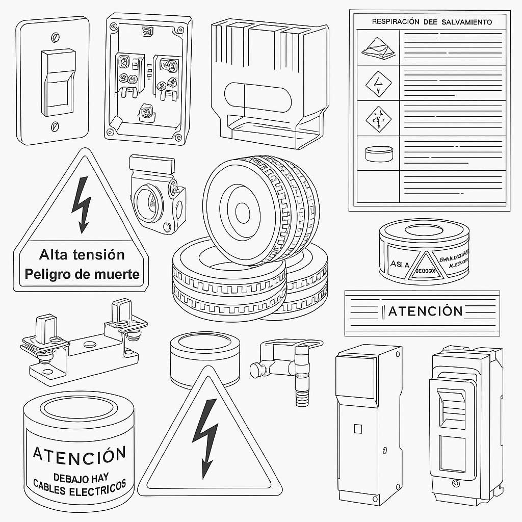 Black and white line drawing of various electrical components, warning signs including 'Alta tensión Peligro de muerte' and 'Atención Debajo hay cables eléctricos,' and three stacked tires.