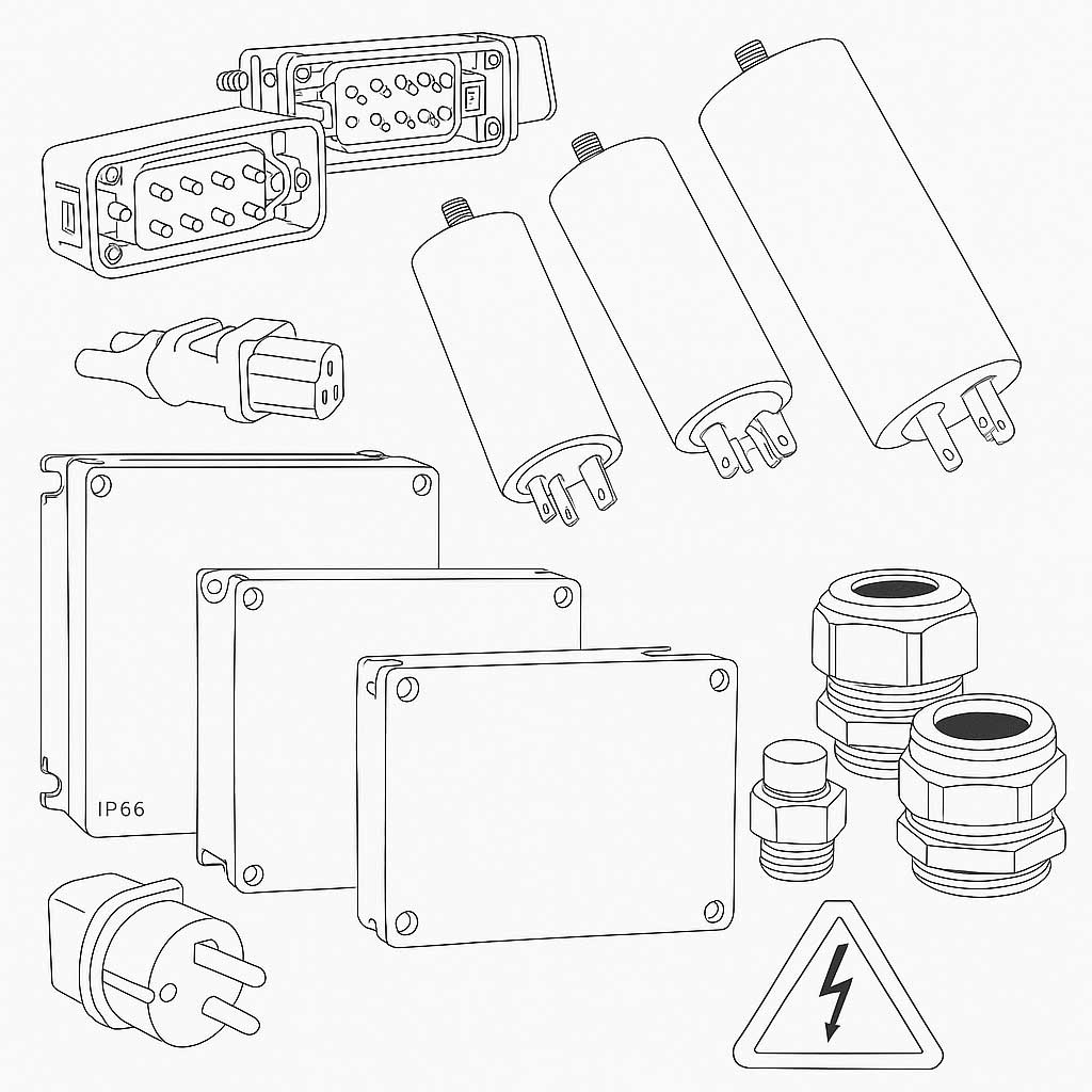 Line drawing of various electrical components including connectors, capacitors, junction boxes labeled IP66, cable glands, and a high voltage warning sign.