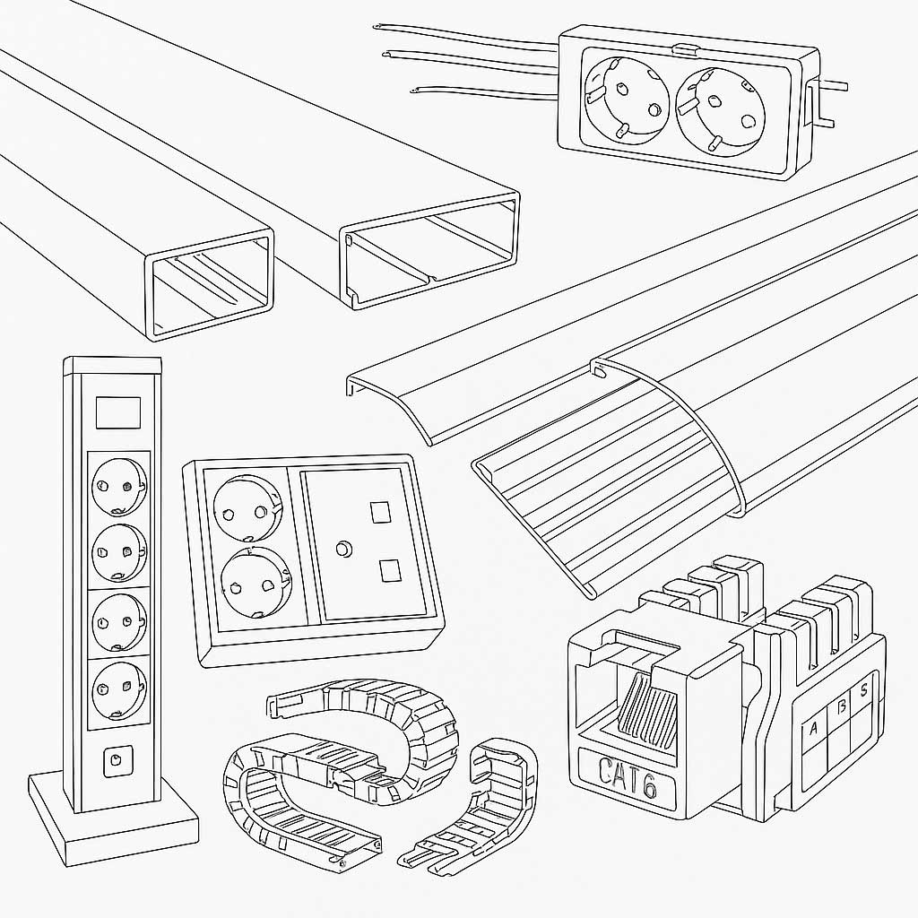 Line drawing of electrical conduits, power sockets, a CAT6 Ethernet connector, and cable management accessories.