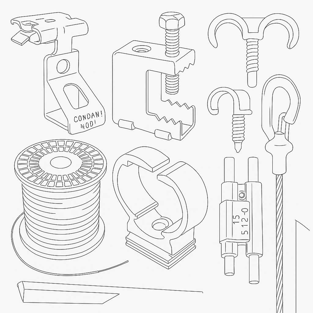 Line drawing of various hardware items including a wire spool, clamps, screws, hooks, and a cable assembly.